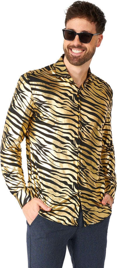 Camisa Opposuits - Tiger Shiner - Camisa navideña para hombre - Ropa de carnaval - Camisa brillante - Dorada - Navidad - Talla: L