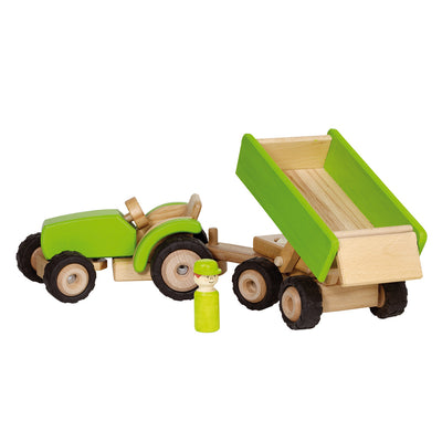 Tractor de madera Goki verde con remolque