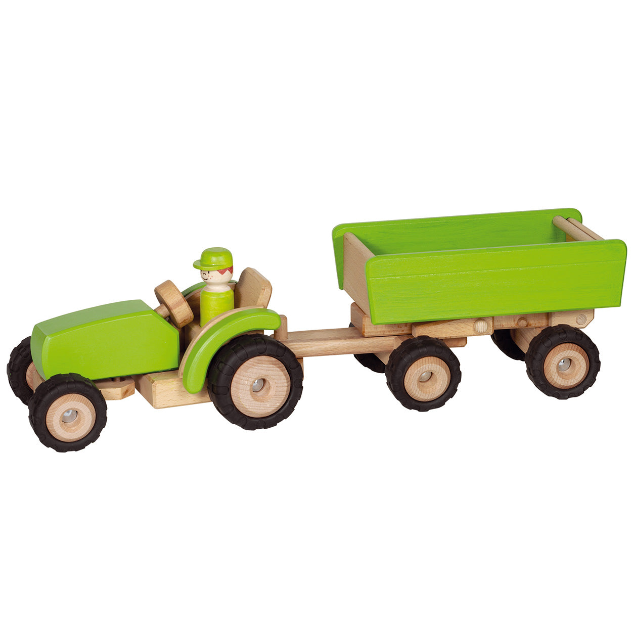 Tractor de madera Goki verde con remolque