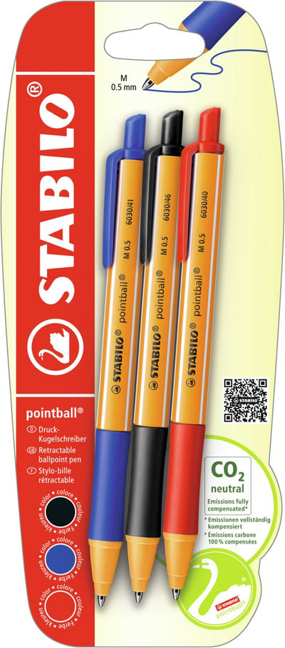 Stabilo pointball - penna a sfera - colorata - ricaricabile - set con 3 colori - blister