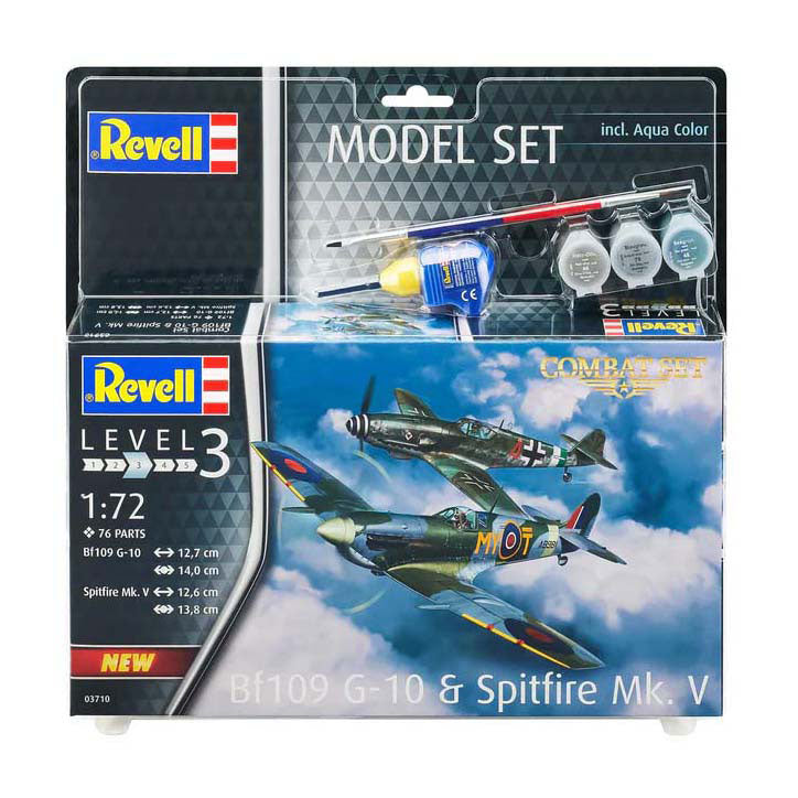 Kit di modellismo Revell - set da combattimento bf109g-10 spitfire mk.v 1:72 - 76 parti. - incl. colori base della vernice aqua color
