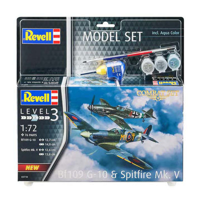 Revell modelbouwpakket - combat set bf109g-10 spitfire mk.v 1:72 - 76dlg. - incl. aqua color basiskleuren verf