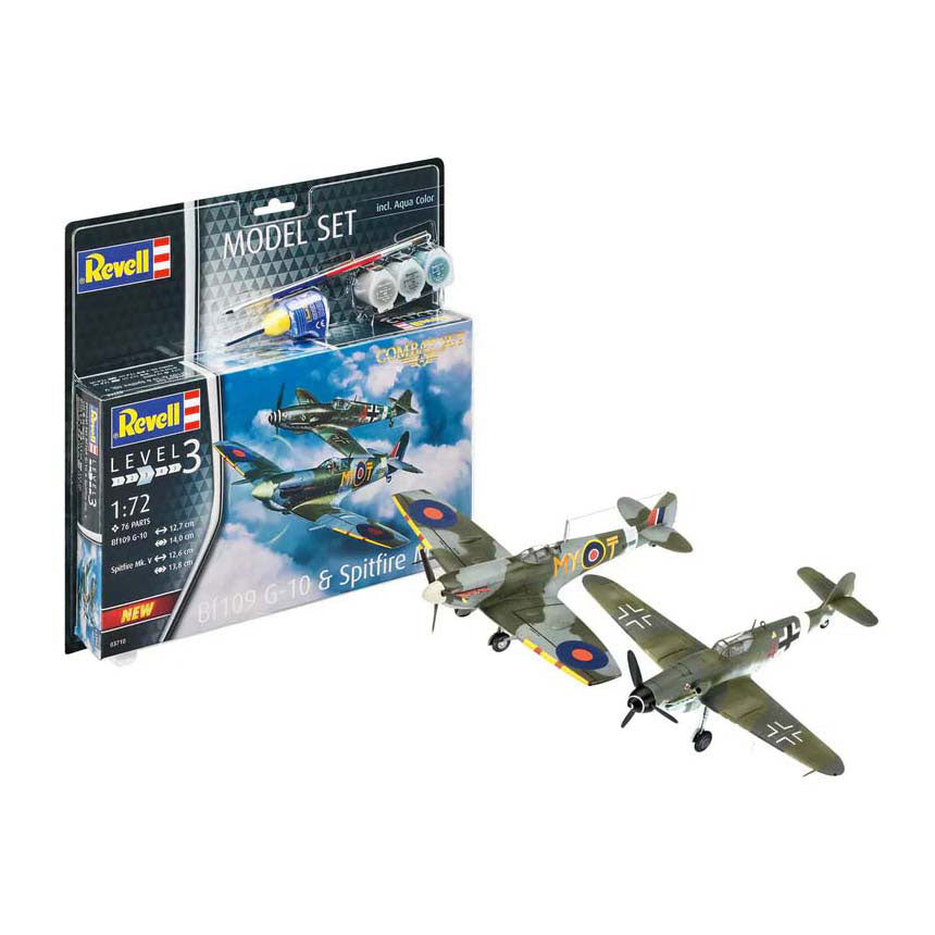 Kit di modellismo Revell - set da combattimento bf109g-10 spitfire mk.v 1:72 - 76 parti. - incl. colori base della vernice aqua color
