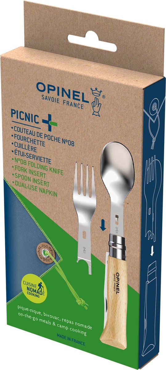Cubiertos de viaje Opinel picnic plus - 4 piezas - acero inoxidable madera de haya - navaja de bolsillo