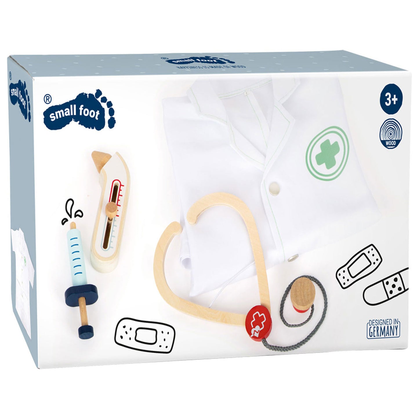 Pequeña chaqueta de doctor con accesorios de madera, 4dlg.