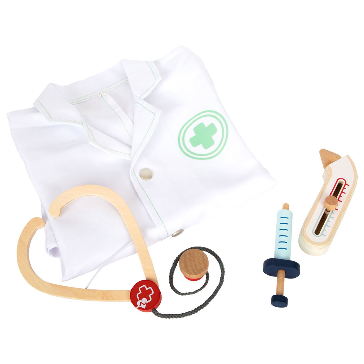 Pequeña chaqueta de doctor con accesorios de madera, 4dlg.