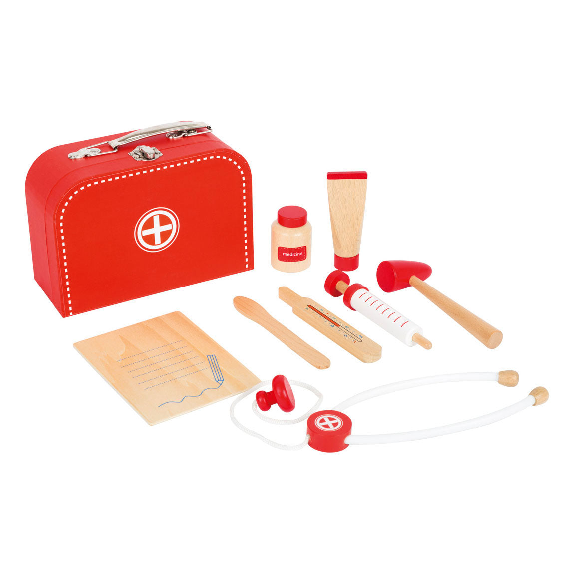 Set de doctor de madera de pie pequeño en maleta roja