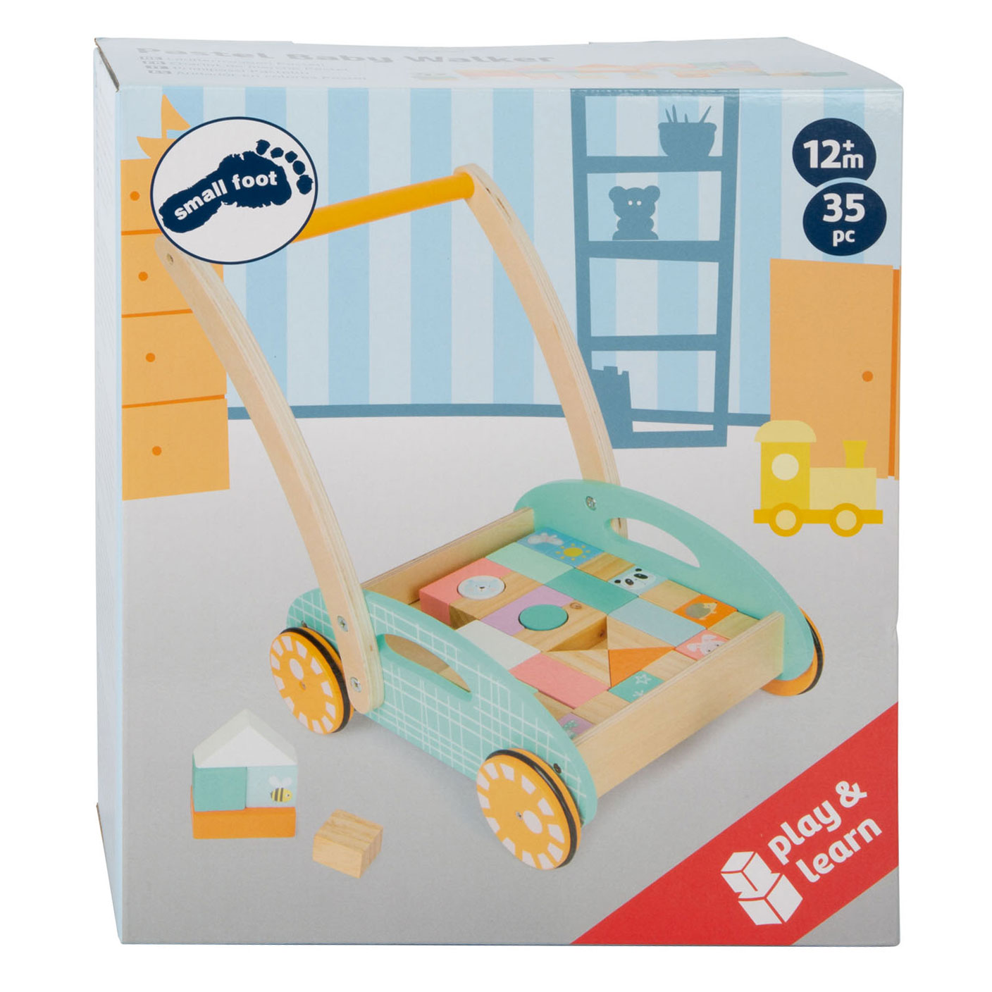 Baby walker in legno a piede con blocchi pastello, 35dlg.