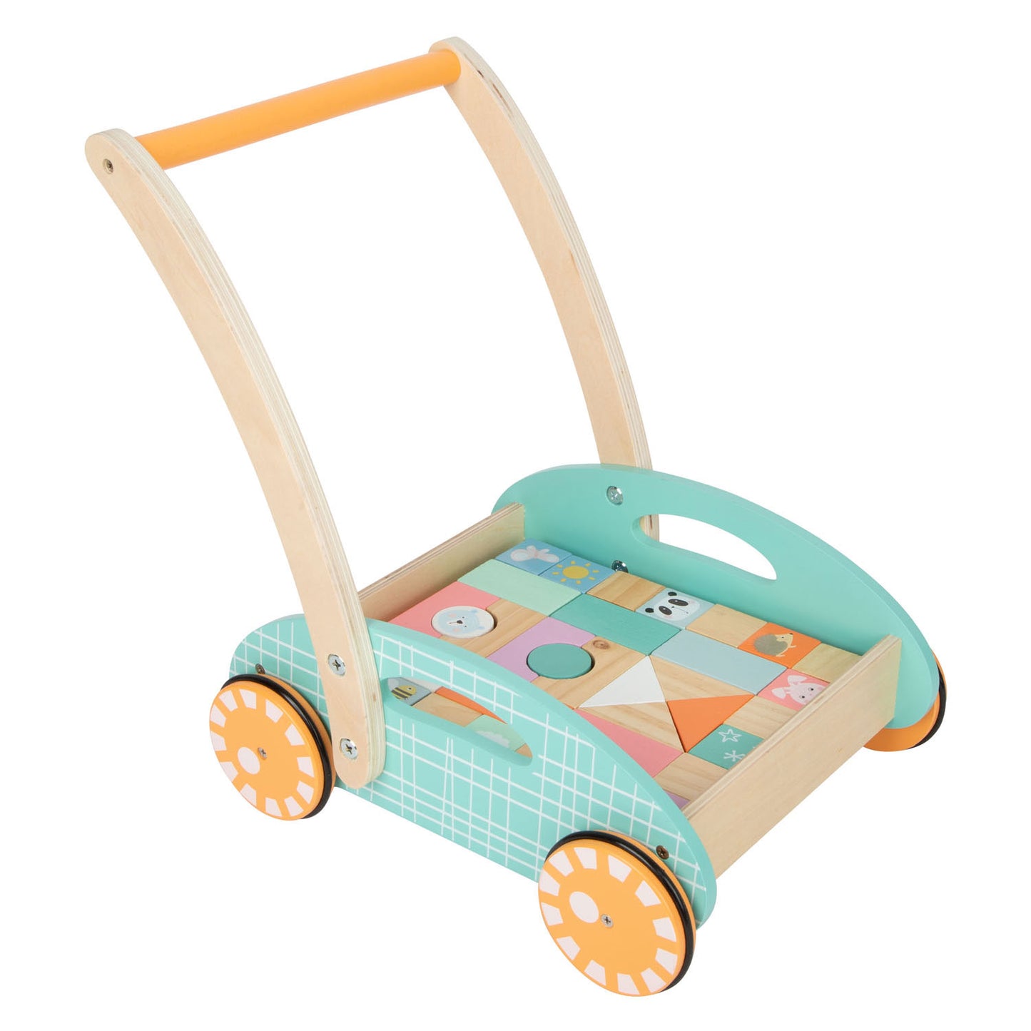 Baby walker in legno a piede con blocchi pastello, 35dlg.