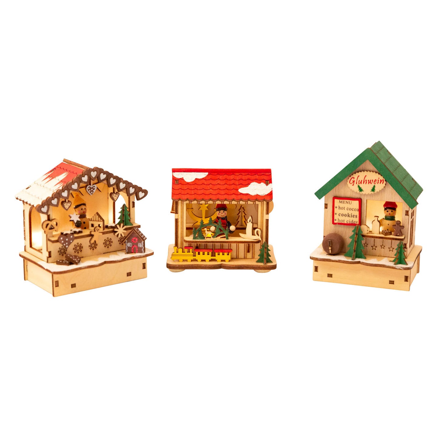 Mercado navideño de decoración de madera de pie pequeño con luces, conjunto de 3