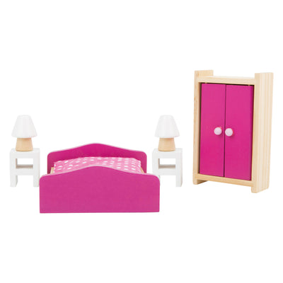 Dormitorio de muebles de casa de muñecas de madera de pie pequeño, 6dlg.