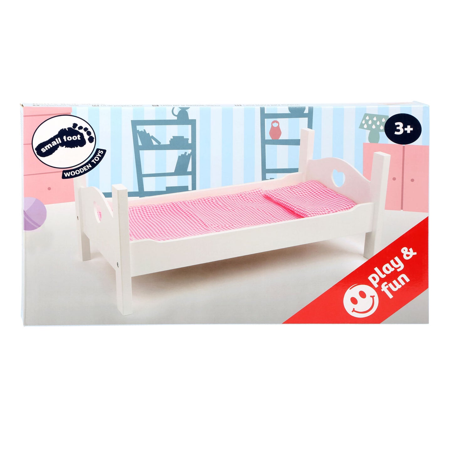 Cama de muñeca de madera de pie pequeña blanca con ropa de cama, 4dlg.