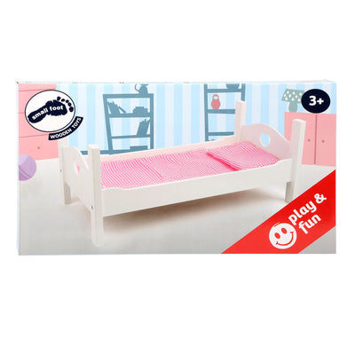 Letto da bambola in legno a piede bianco con biancheria da letto, 4dlg.