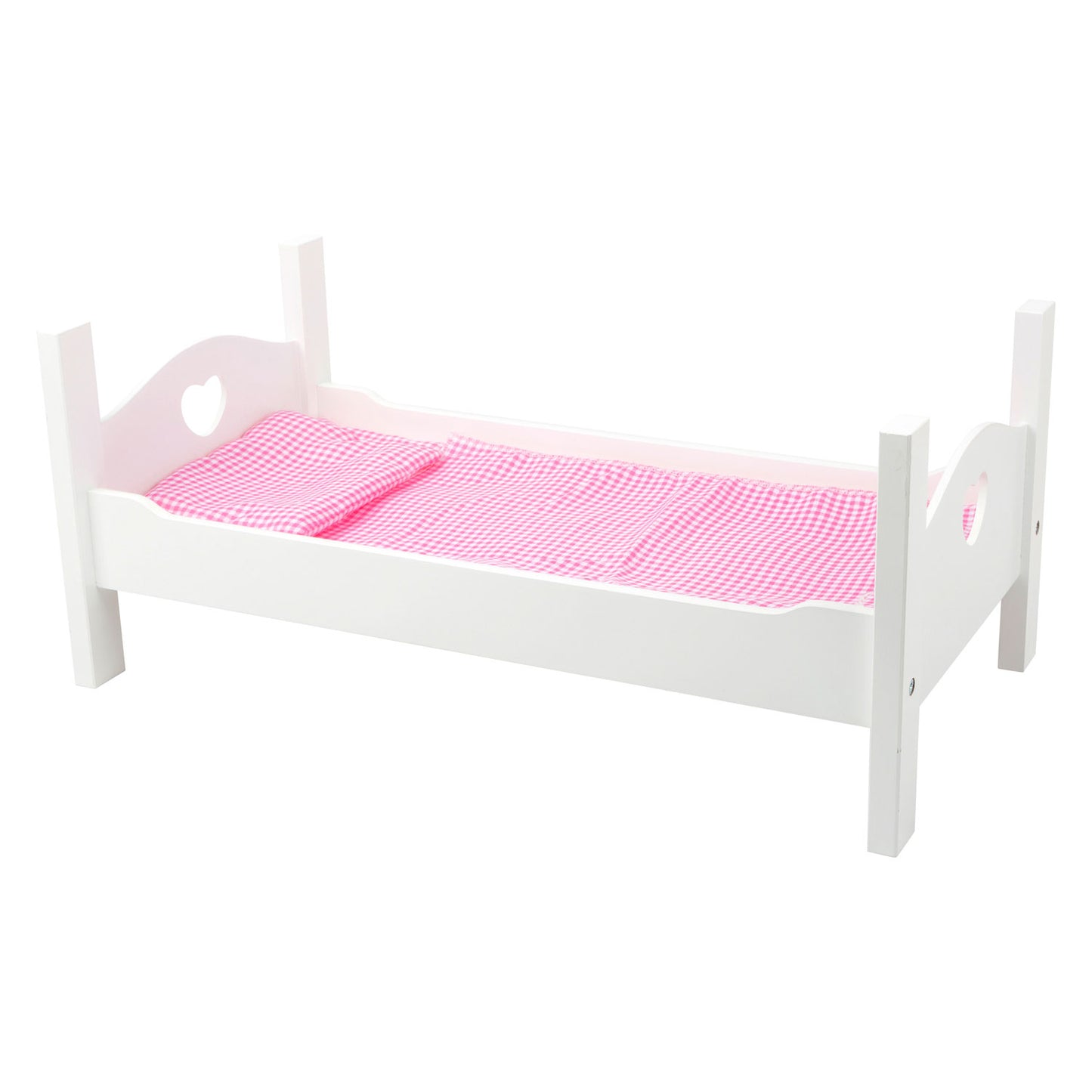 Cama de muñeca de madera de pie pequeña blanca con ropa de cama, 4dlg.