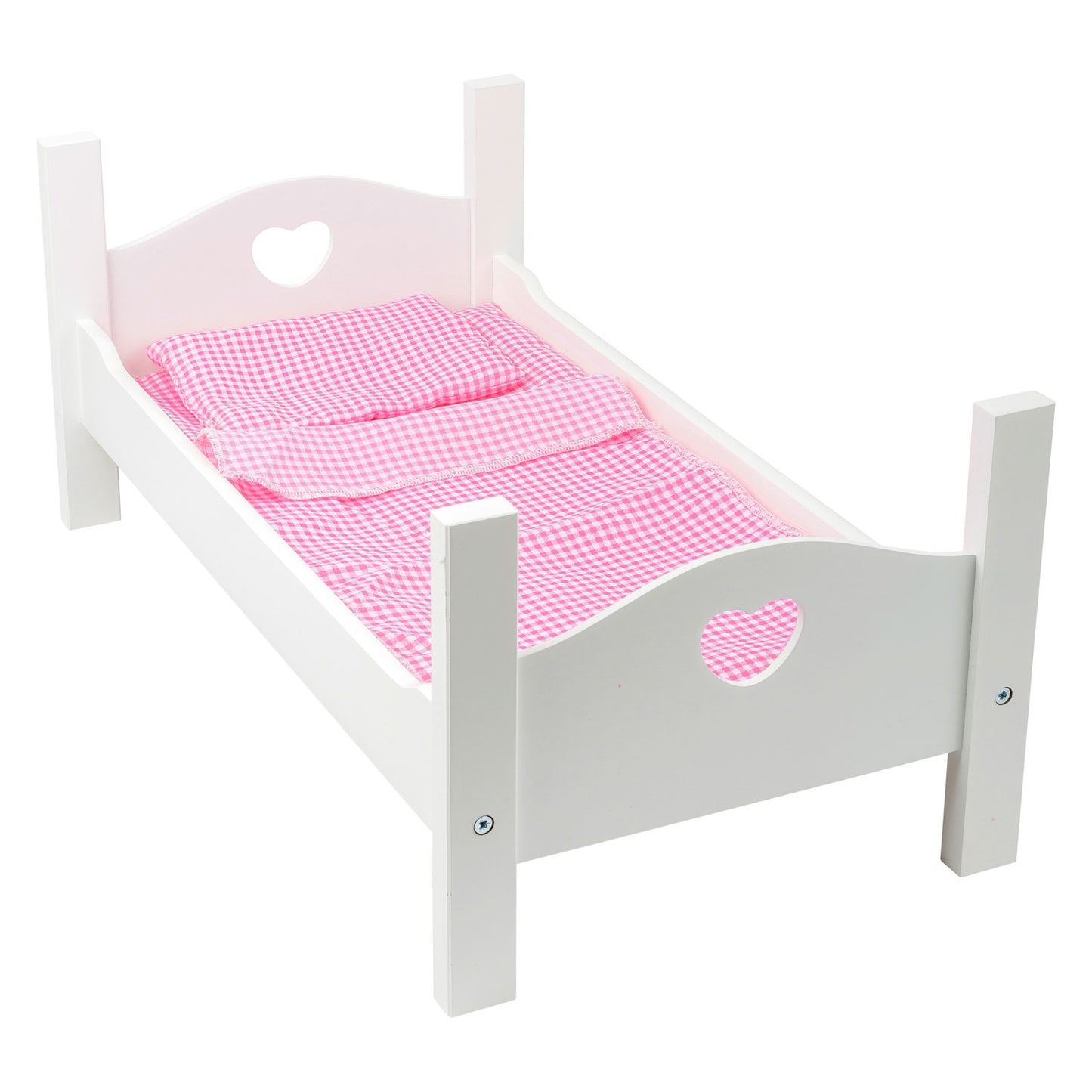 Cama de muñeca de madera de pie pequeña blanca con ropa de cama, 4dlg.