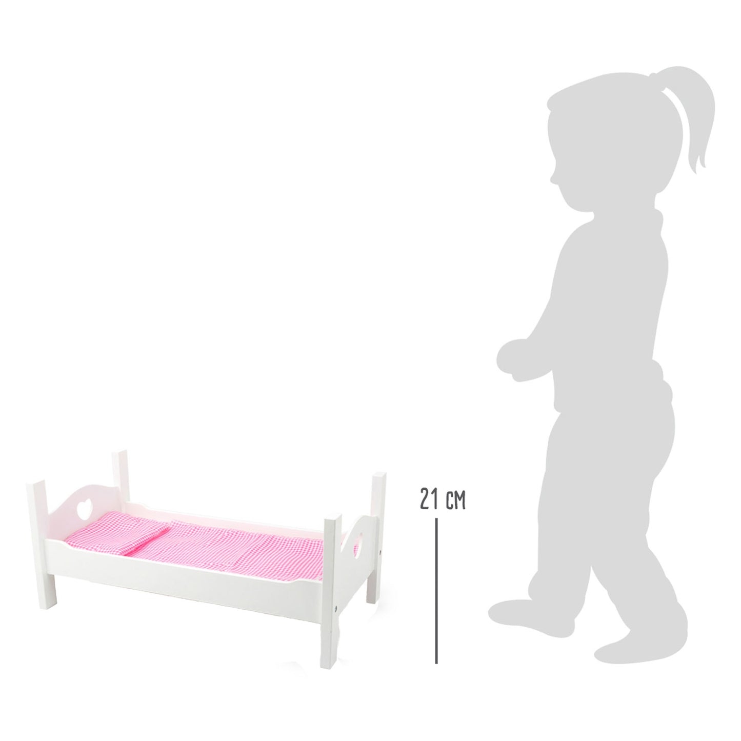 Cama de muñeca de madera de pie pequeña blanca con ropa de cama, 4dlg.