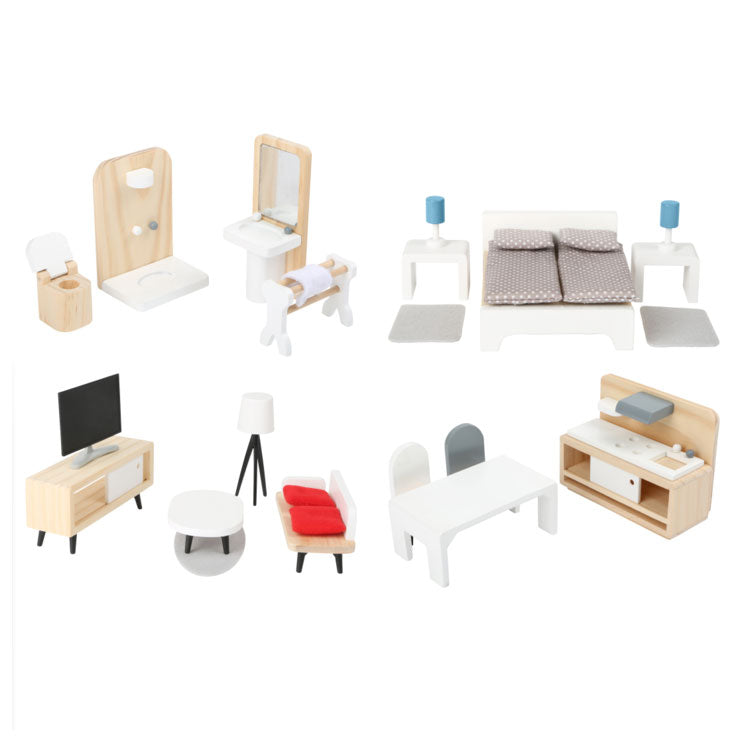 Set di mobili per bambole in legno a piede, 28dlg.
