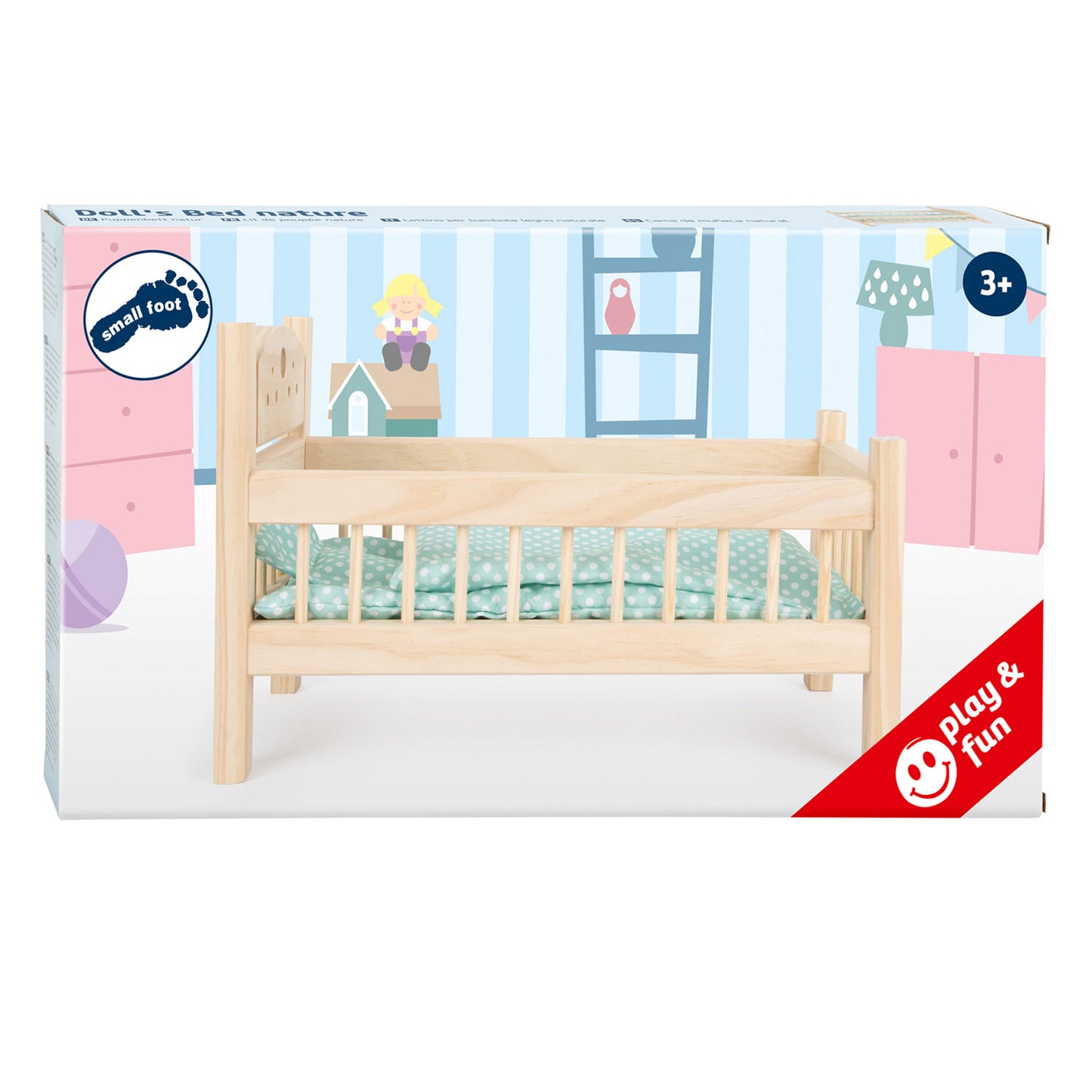 Letto per bambole in legno di piccoli piedi ovviamente con biancheria da letto, 4ldg.