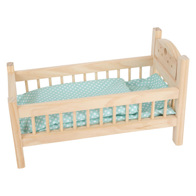 Cama de muñecas de madera de pie pequeño, por supuesto, con ropa de cama, 4dg.