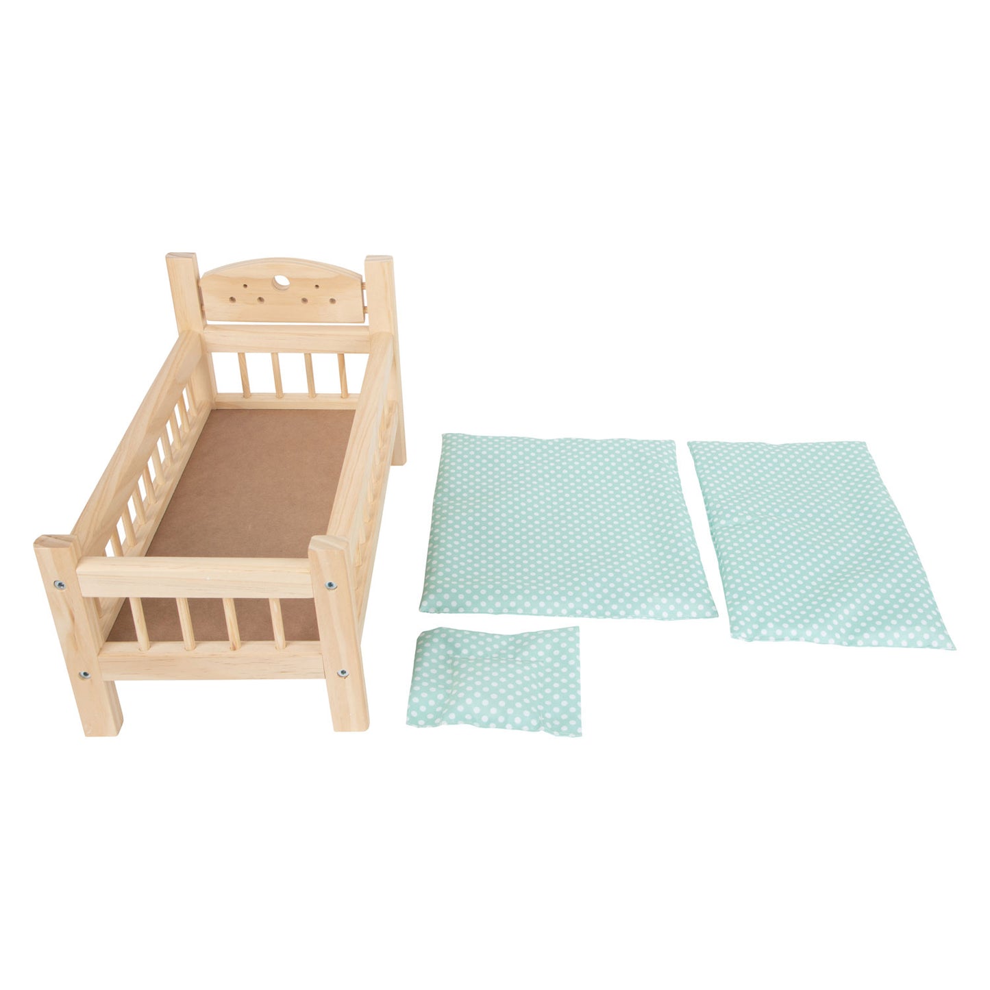 Letto per bambole in legno di piccoli piedi ovviamente con biancheria da letto, 4ldg.