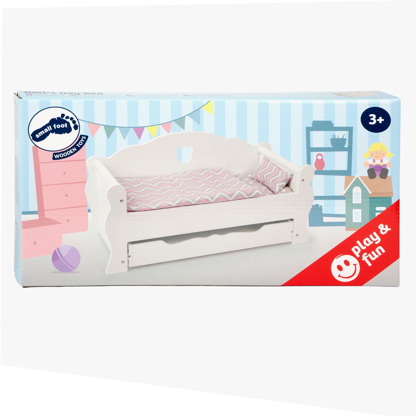 Letto per bambole in legno a piede con cassetto e biancheria da letto, 4dlg.
