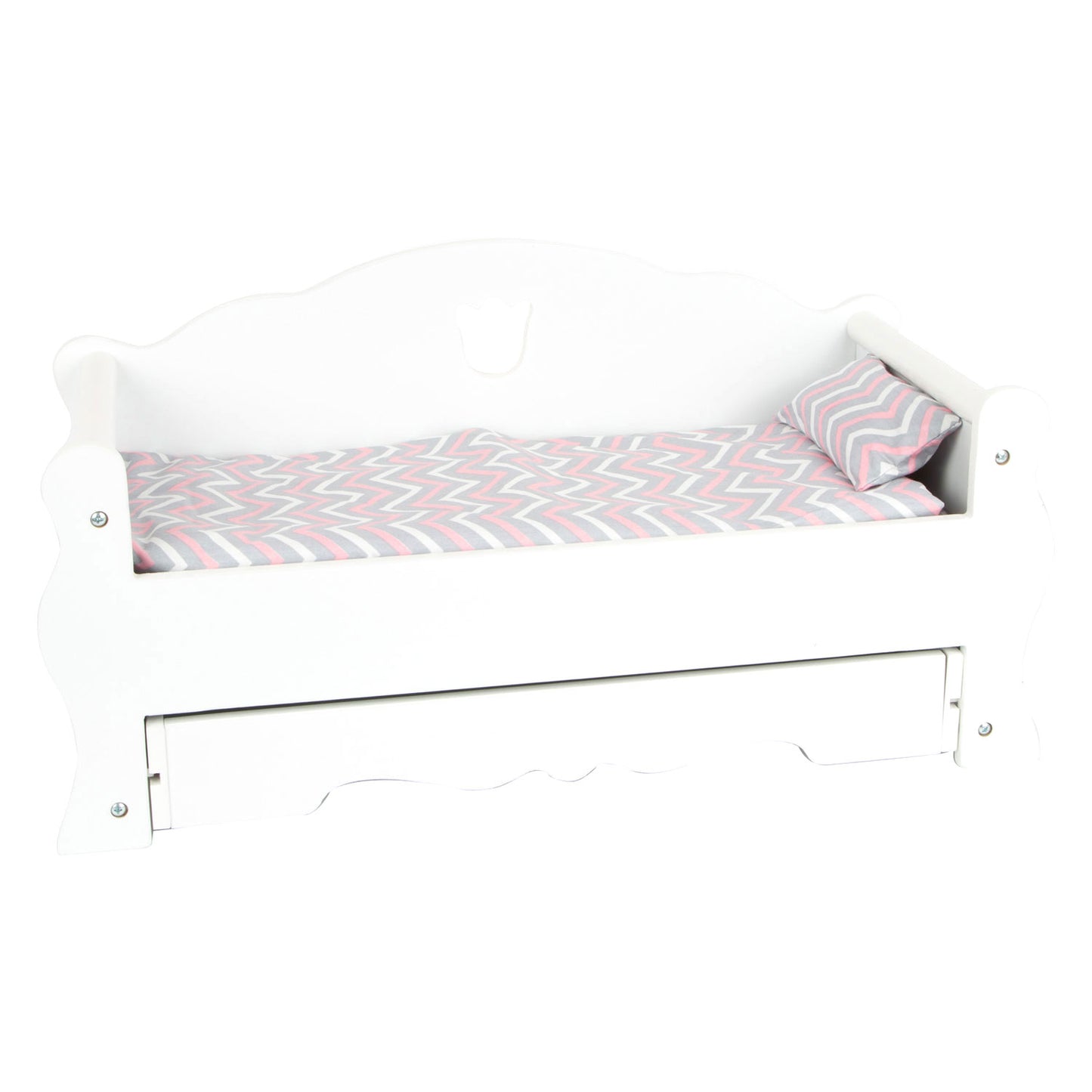 Cama de muñecas de madera de pie pequeño con cajón y ropa de cama, 4dlg.