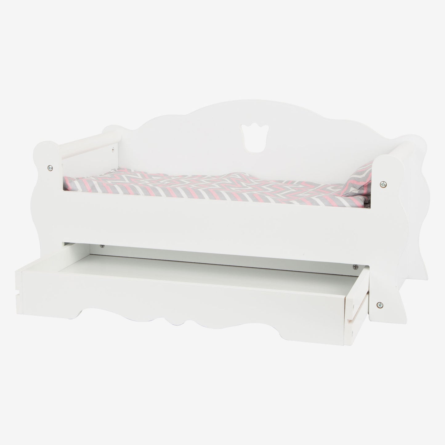 Letto per bambole in legno a piede con cassetto e biancheria da letto, 4dlg.