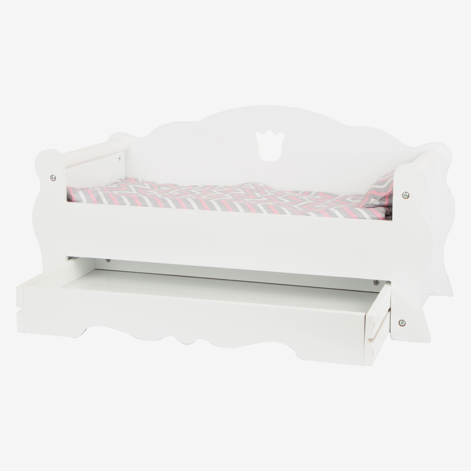 Letto per bambole in legno a piede con cassetto e biancheria da letto, 4dlg.