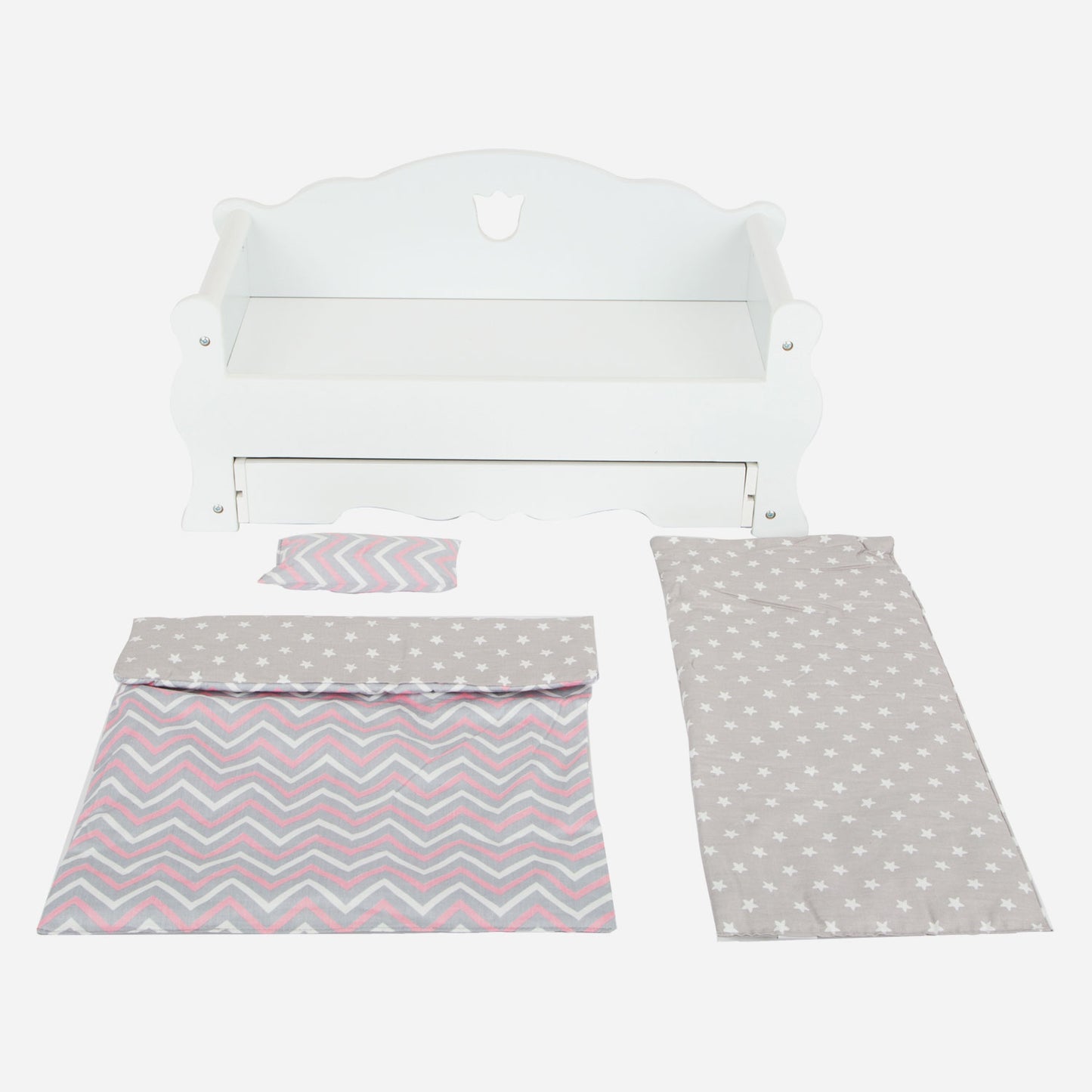 Letto per bambole in legno a piede con cassetto e biancheria da letto, 4dlg.