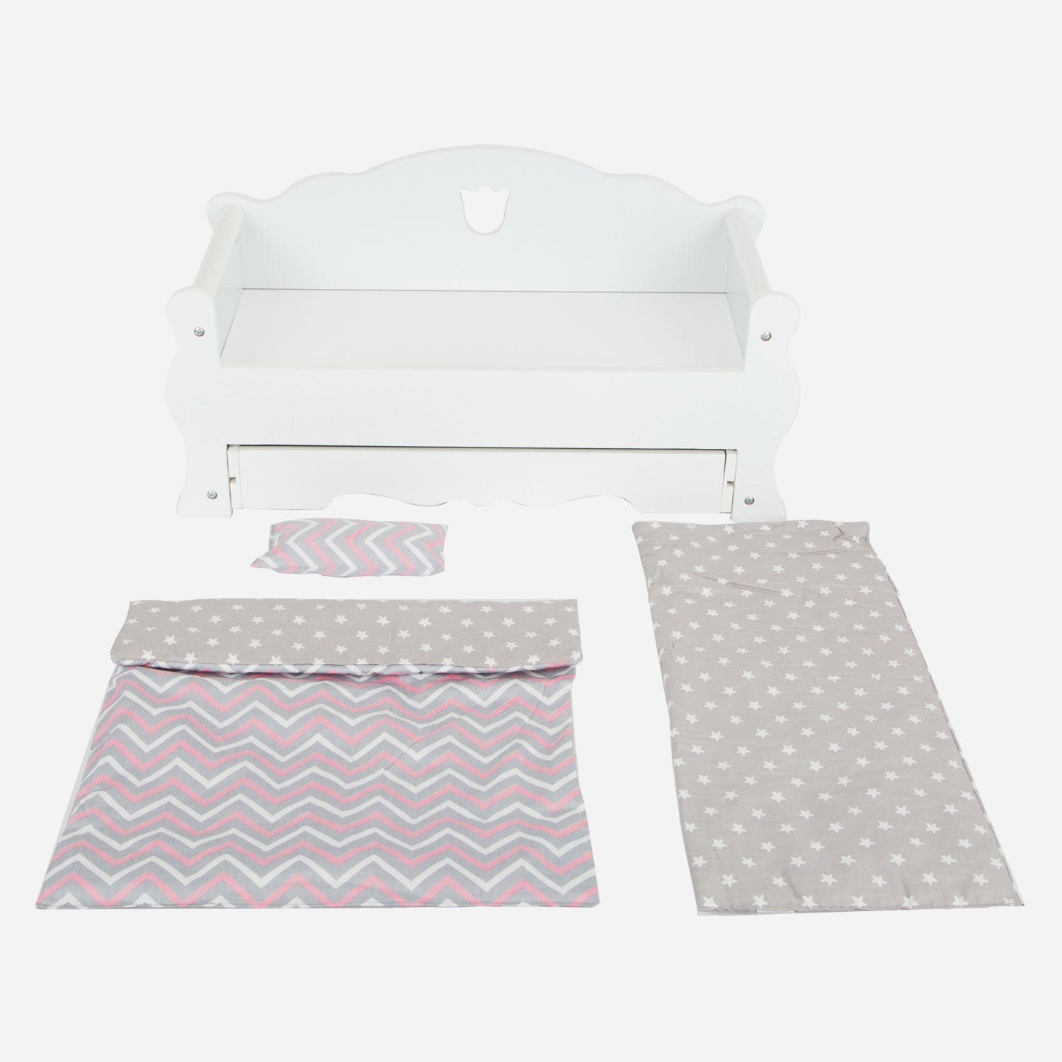 Letto per bambole in legno a piede con cassetto e biancheria da letto, 4dlg.