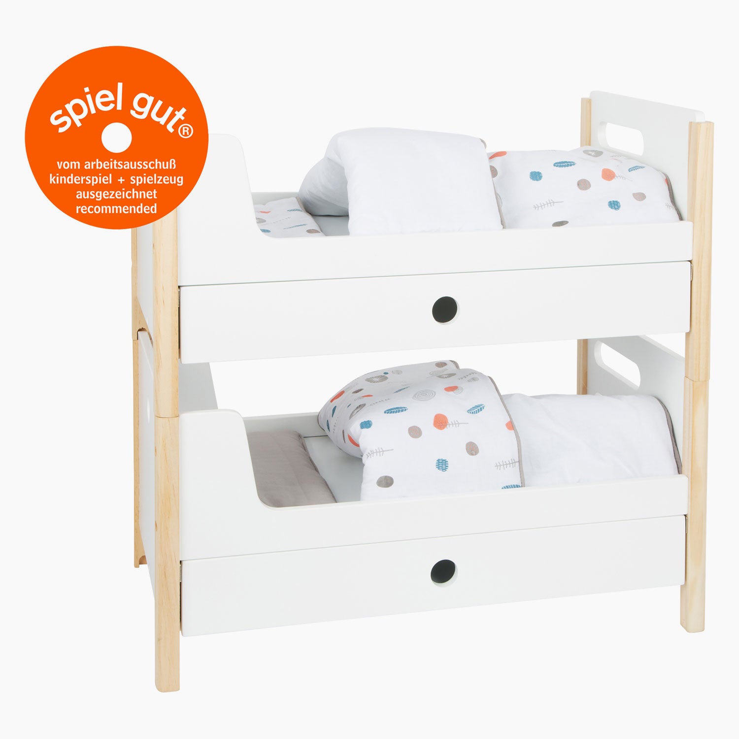 Muñeca de madera de pie pequeña cama alta botón con ropa de cama, 6dlg.