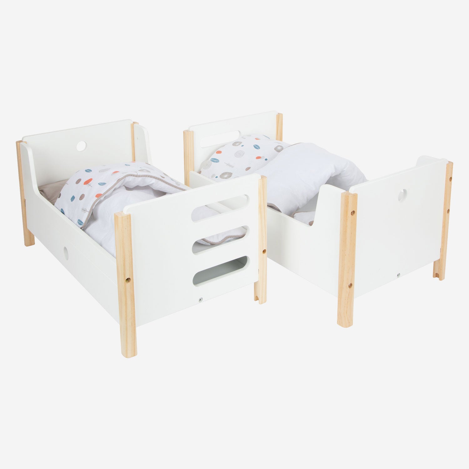 Muñeca de madera de pie pequeña cama alta botón con ropa de cama, 6dlg.
