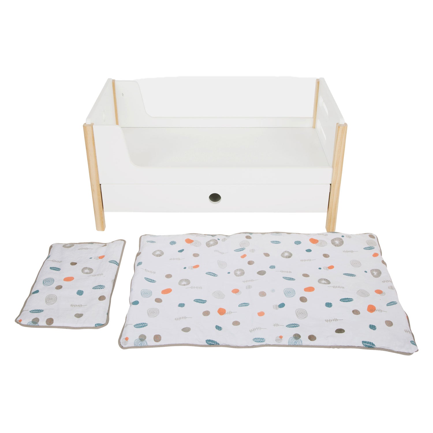 Muñeca de madera de pie pequeña cama alta botón con ropa de cama, 6dlg.