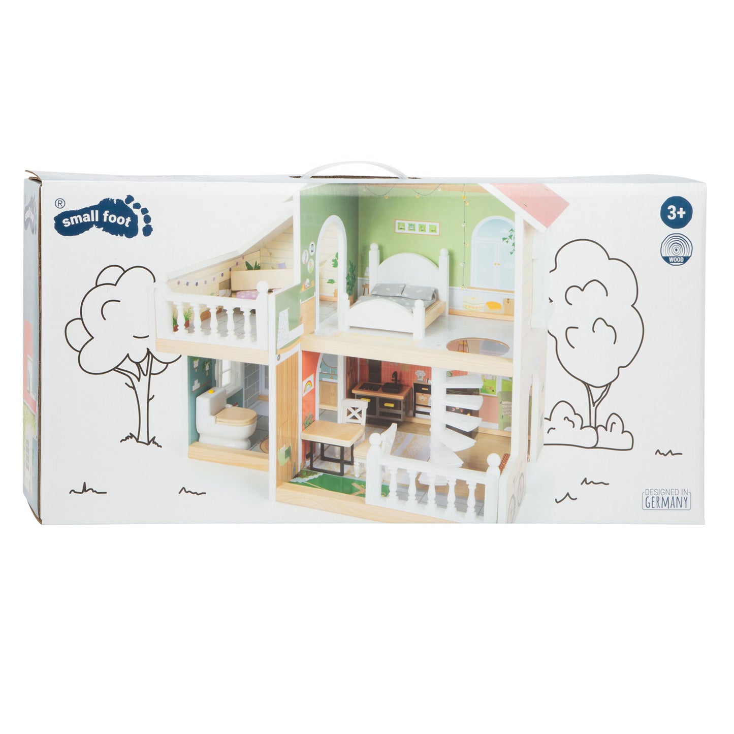 Casa de muñecas de villa urbana de madera pequeña con muebles, 9dlg.