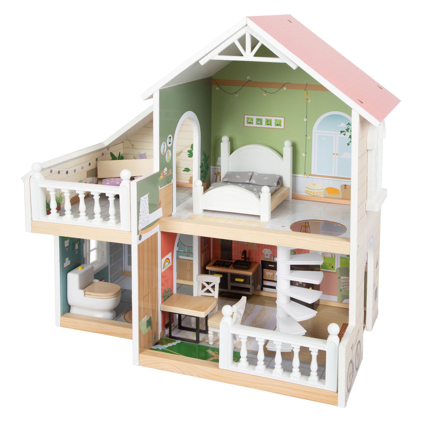 Casa de muñecas de villa urbana de madera pequeña con muebles, 9dlg.
