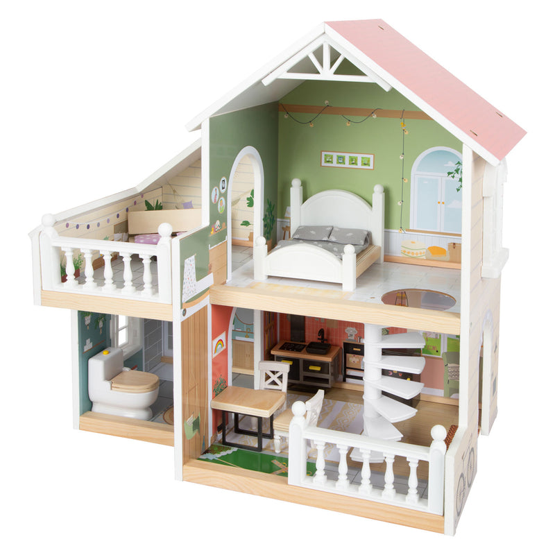 Casa de muñecas de villa urbana de madera pequeña con muebles, 9dlg.
