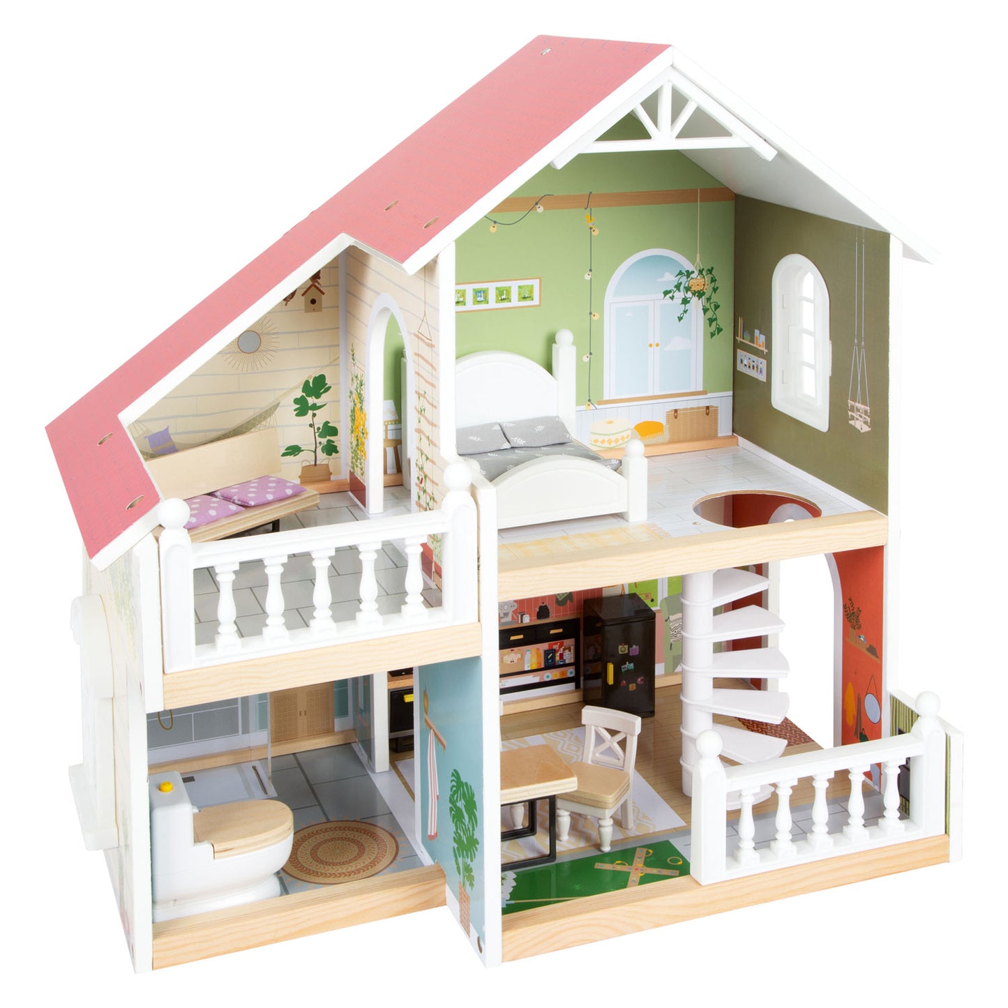 Casa de muñecas de villa urbana de madera pequeña con muebles, 9dlg.
