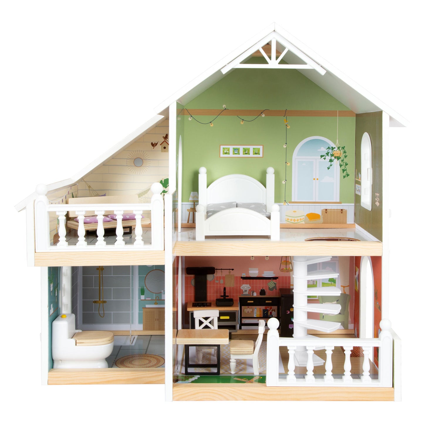 Casa de muñecas de villa urbana de madera pequeña con muebles, 9dlg.