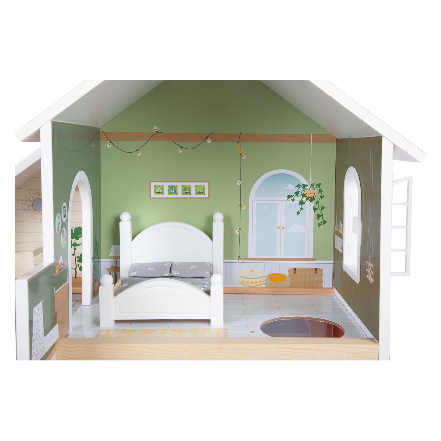 Casa de muñecas de villa urbana de madera pequeña con muebles, 9dlg.