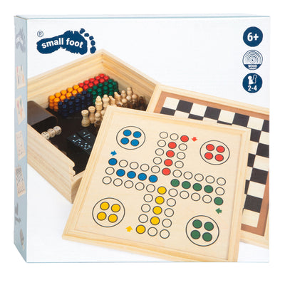 Juegos de madera de pie pequeño 7 clásicos en caja de almacenamiento