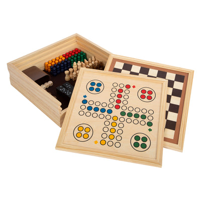 Juegos de madera de pie pequeño 7 clásicos en caja de almacenamiento