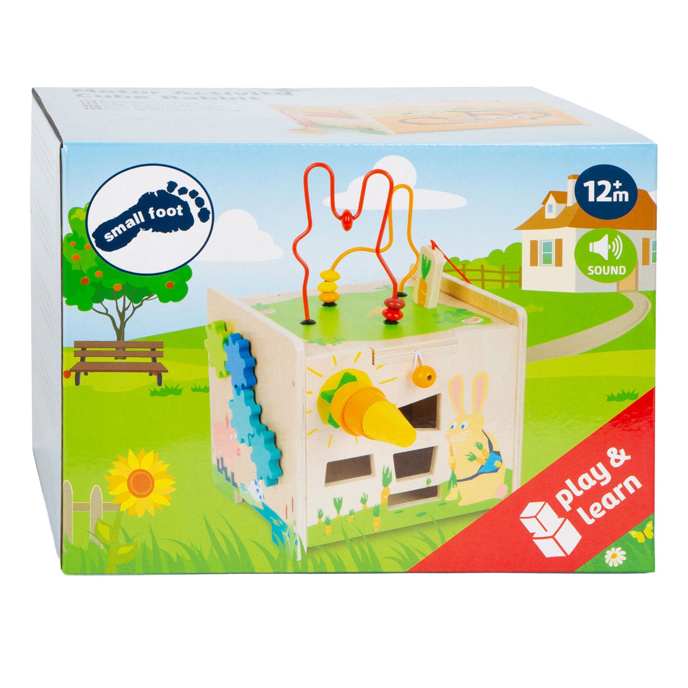 Cubo de actividad de madera de pie pequeño y conejo piral de motor