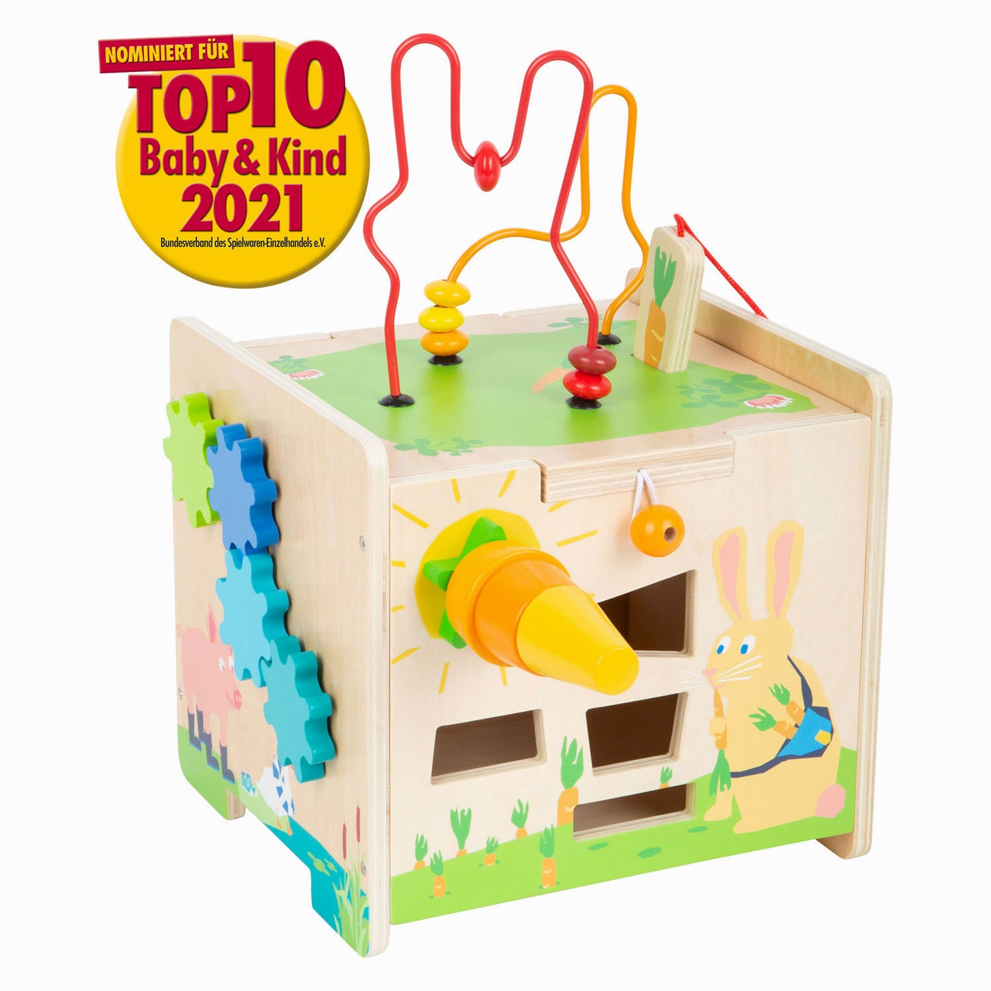 Cubo de actividad de madera de pie pequeño y conejo piral de motor