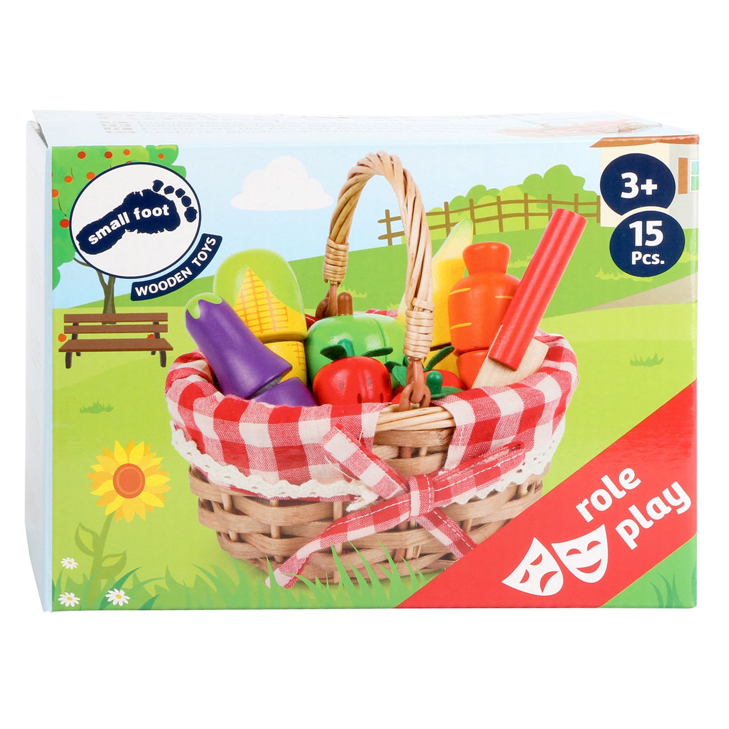 Canasta de picnic de madera de pie pequeño con fruta cortada, 15dlg.