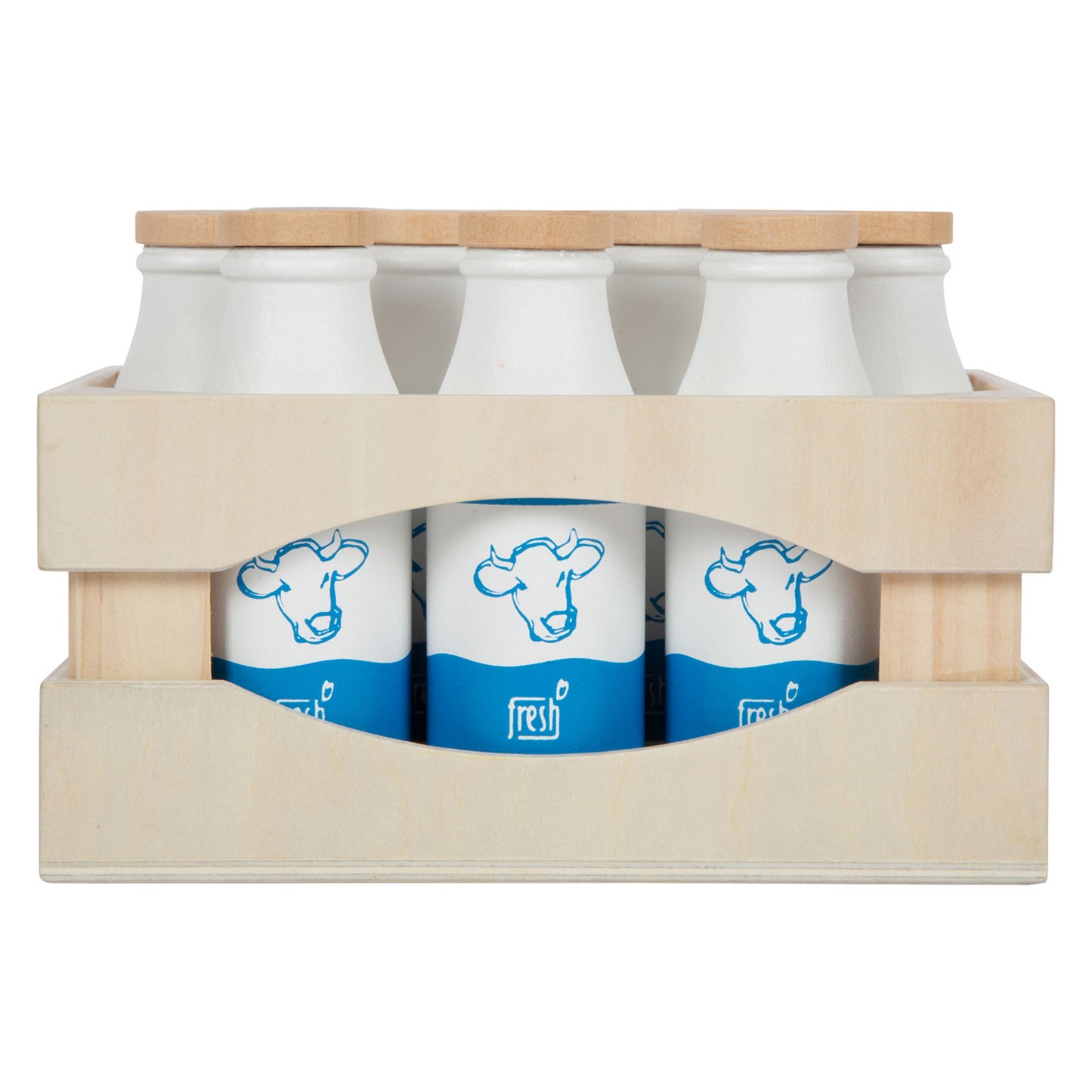 Pequeña caja de madera con botellas de leche, 12dlg.