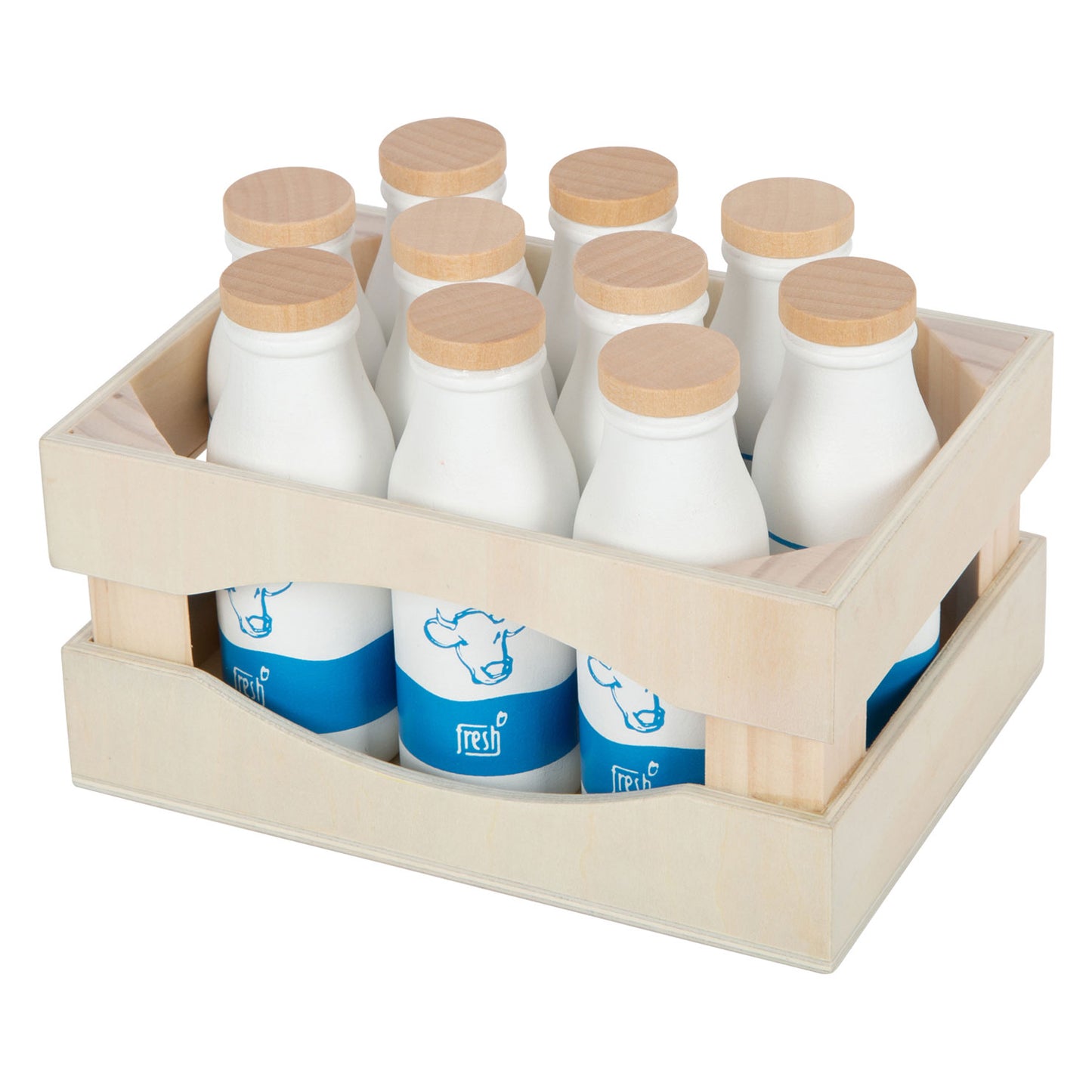 Pequeña caja de madera con botellas de leche, 12dlg.