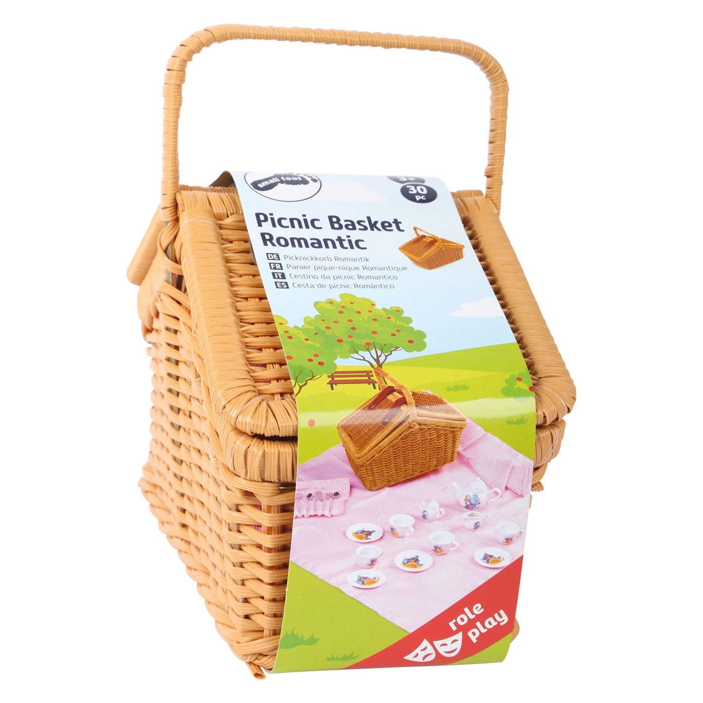 Canasta de picnic de madera de pie pequeño con vajilla romántica, 30dlg.