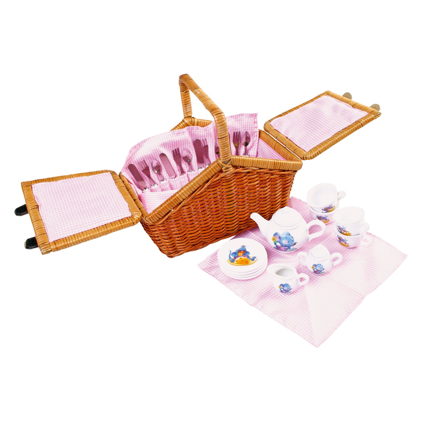 Canasta de picnic de madera de pie pequeño con vajilla romántica, 30dlg.