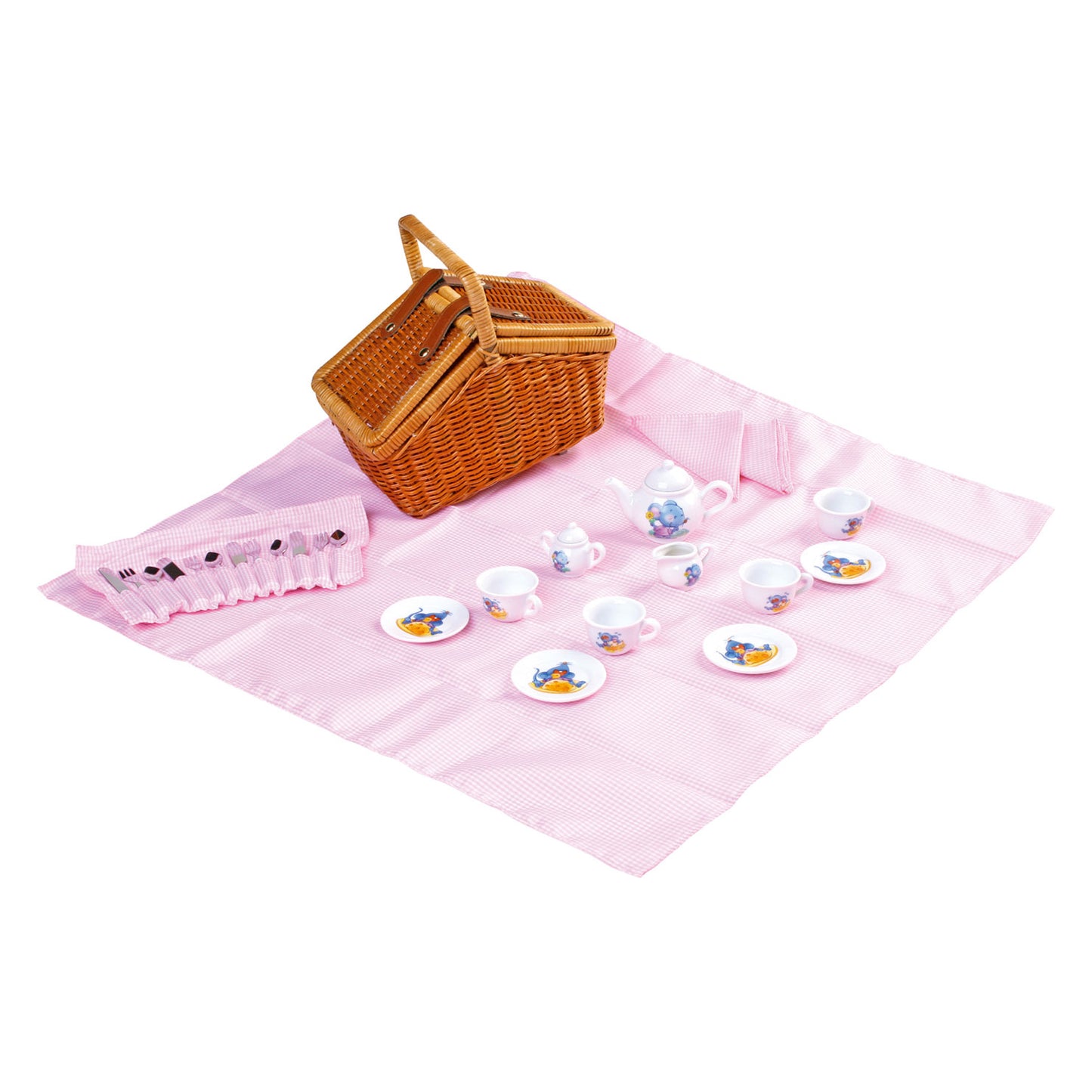 Canasta de picnic de madera de pie pequeño con vajilla romántica, 30dlg.
