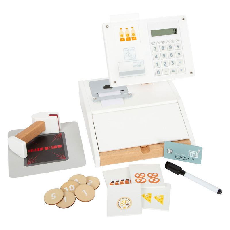 Checkout dei giocattoli in legno a piede con scanner, 15dlg.